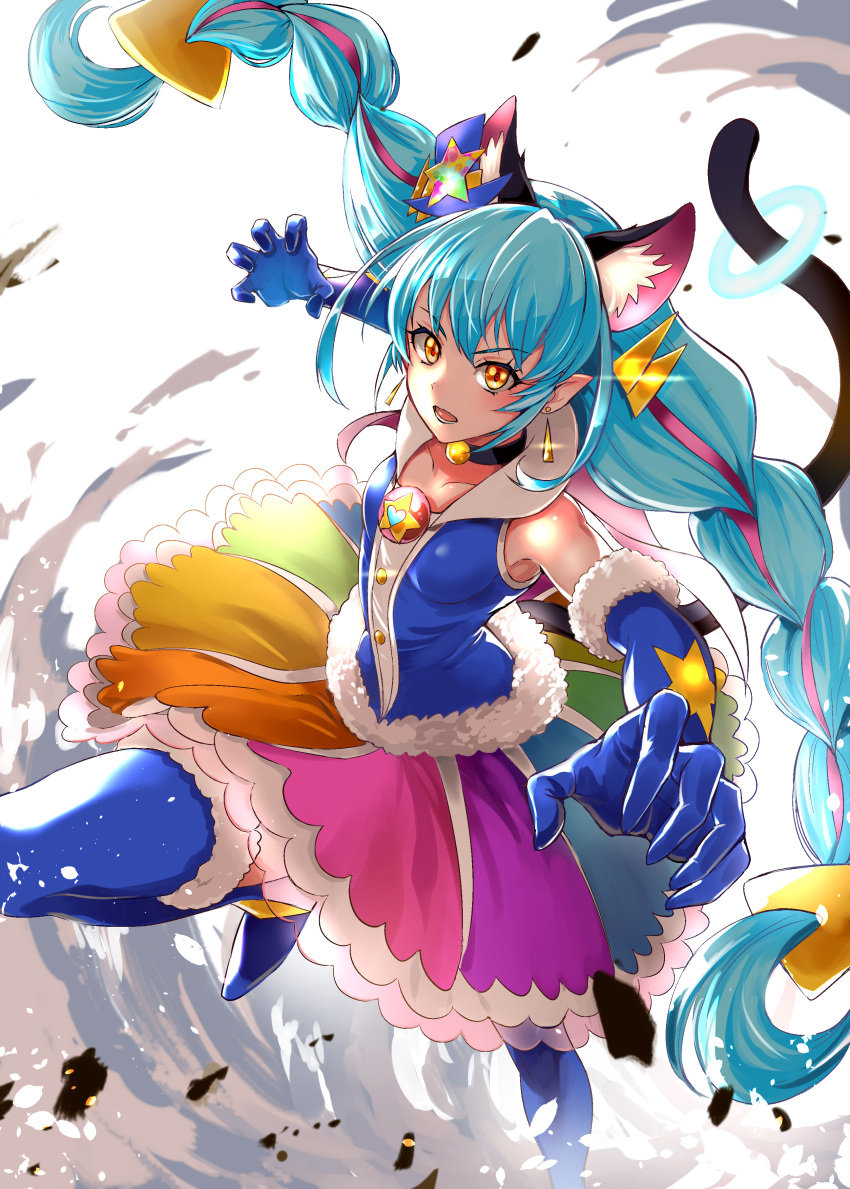 1girl absurdres animal_ears black_neckwear blue_footwear blue_gloves blue_hair boots braid brooch brown_eyes cat_ears cat_tail choker cure_cosmo curled_fingers earrings elbow_gloves extra_ears full_body gloves hat highres jewelry long_hair looking_at_viewer magical_girl mini_hat mini_top_hat multicolored multicolored_clothes multicolored_skirt pointy_ears precure puca-rasu serious skirt smoke solo star_twinkle_precure tail thigh-highs thigh_boots top_hat twin_braids white_background yuni_(precure)