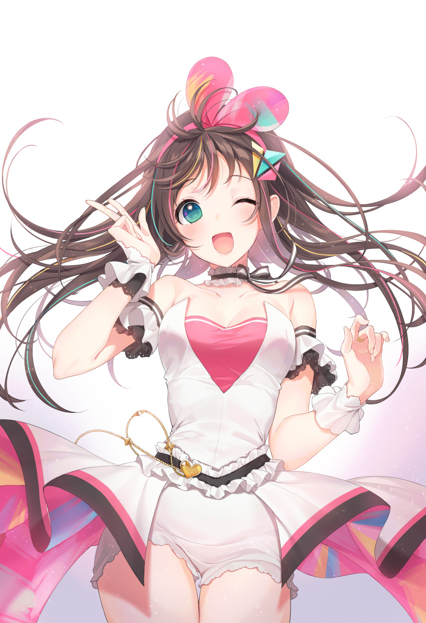 1girl ;d a.i._channel a20_(atsumaru) absurdres bangs blue_eyes blush bow breasts bridal_gauntlets brown_hair choker cowboy_shot detached_sleeves eyebrows_visible_through_hair floating_hair glint hairband hands_up highres kizuna_ai light_particles long_hair looking_at_viewer medium_breasts multicolored_hair one_eye_closed open_mouth pink_hair pink_hairband ribbon shirt shorts smile solo streaked_hair v virtual_youtuber wind