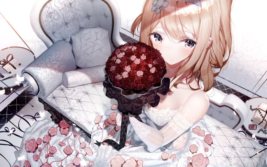 1girl atha_(leejuiping) blue_eyes blush bouquet box breasts brown_hair closed_mouth commentary_request couch dress elbow_gloves flower gift gift_box girls_frontline gloves hair_ornament hairband highres holding holding_bouquet long_hair looking_at_viewer medium_breasts on_couch pillow pink_flower pink_rose red_flower red_rose rose sitting smile snowflake_hair_ornament solo strapless strapless_dress suomi_kp31_(girls_frontline) white_dress white_gloves