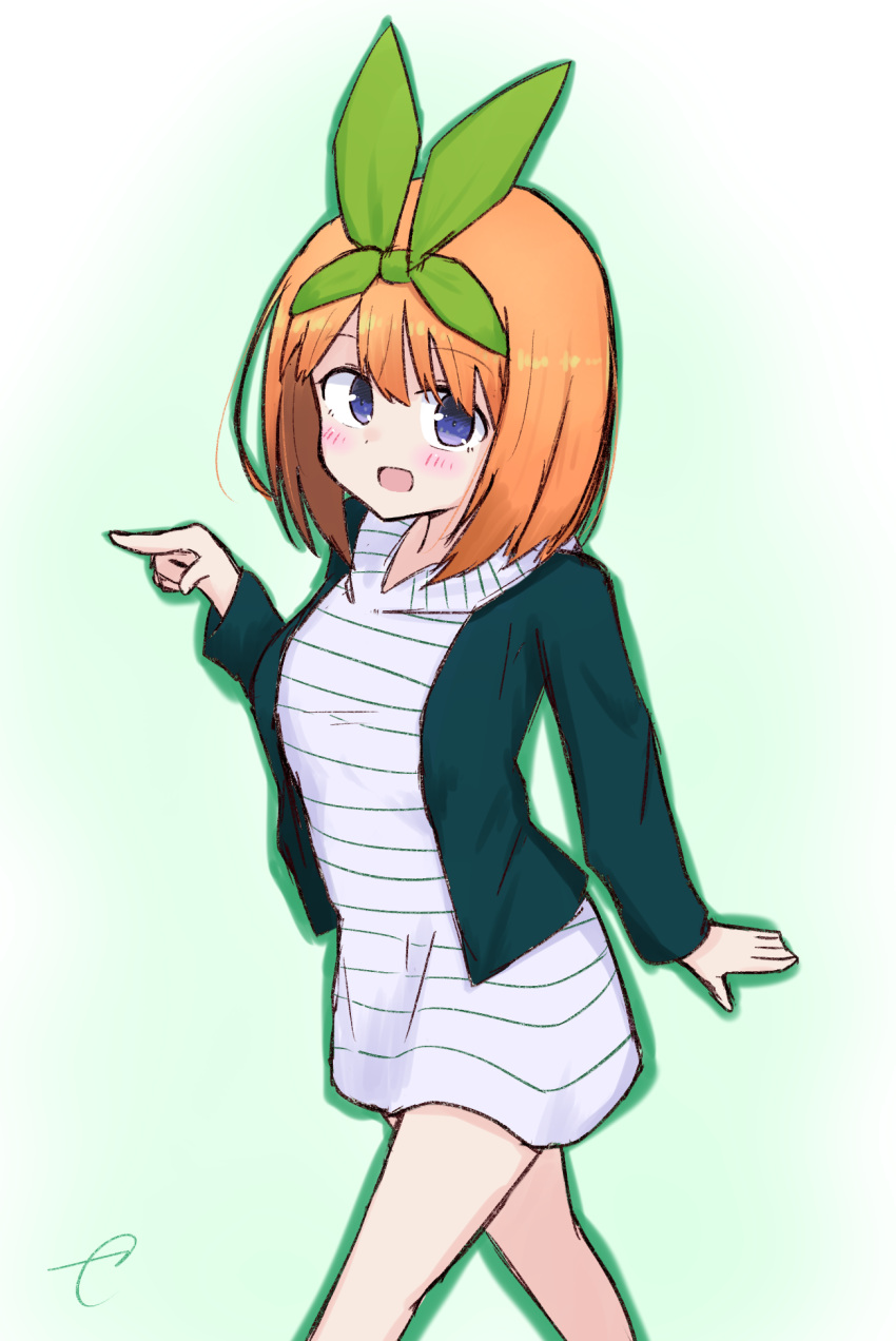 1girl :d bangs blush breasts dress eyebrows_visible_through_hair go-toubun_no_hanayome green_jacket green_ribbon hair_between_eyes hair_ribbon hand_up highres jacket kujou_karasuma long_sleeves looking_at_viewer medium_breasts nakano_yotsuba open_clothes open_jacket open_mouth orange_hair pointing ribbon signature smile solo striped striped_dress violet_eyes