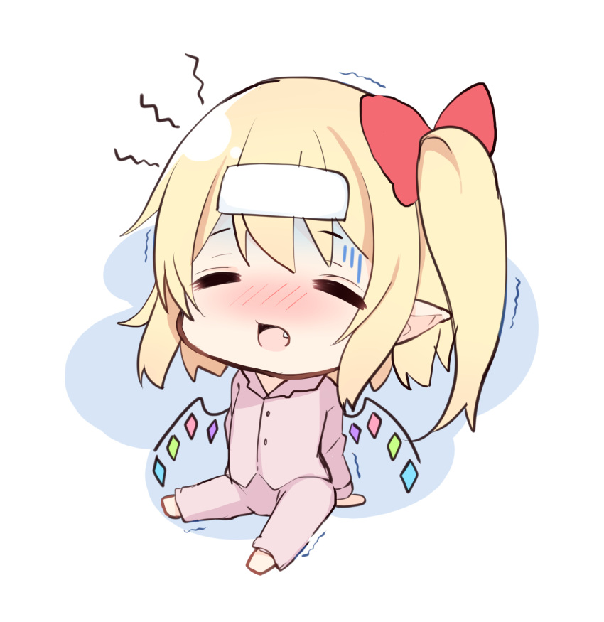 1girl arm_support bangs blush bow chibi closed_eyes commentary_request cooling_pad crystal eyebrows_visible_through_hair fang fever flandre_scarlet full_body hair_bow highres miy@ no_hat no_headwear nose_blush one_side_up open_mouth pajamas pink_pajamas pink_shirt pointy_ears red_bow shaded_face shirt simple_background sitting solo touhou trembling white_background wings