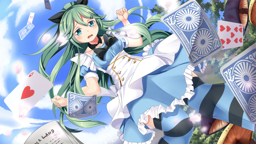 1girl alice_in_wonderland aqua_eyes bangs blue_dress breasts card clenched_hand clouds cloudy_sky commentary_request dress dutch_angle eyebrows_visible_through_hair frilled_dress frills green_hair hair_ornament hair_ribbon hairclip kantai_collection leg_up long_hair medium_breasts mushroom open_mouth outdoors parted_bangs playing_card ribbon short_sleeves sky solo striped striped_legwear swept_bangs thigh-highs yamakaze_(kantai_collection) yasume_yukito