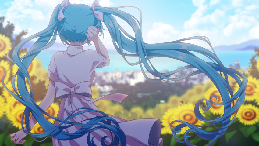 1girl blue_hair blurry blurry_background bow day dress floating_hair flower from_behind hair_bow hand_in_hair hatsune_miku highres lens_flare long_hair matsuda_toki outdoors shiny shiny_hair solo standing sundress sunflower twintails very_long_hair vocaloid white_bow white_dress wind yellow_flower