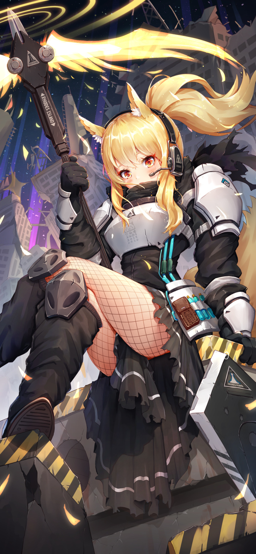 1girl animal_ears arknights armor blonde_hair building cat_ears catxuan fishnet_pantyhose fishnets headset highres holding holding_weapon pantyhose polearm red_eyes ruins shield sidelocks skirt solo weapon wings