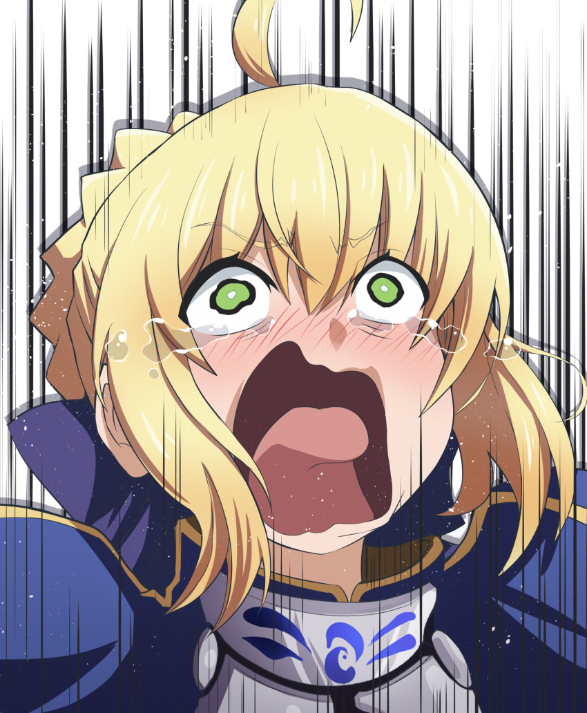 1girl ahoge armor armored_dress artoria_pendragon_(all) blonde_hair crying fate/stay_night fate_(series) fujitaka_nasu green_eyes highres kono_subarashii_sekai_ni_shukufuku_wo! meme parody saber solo upper_body wavy_mouth