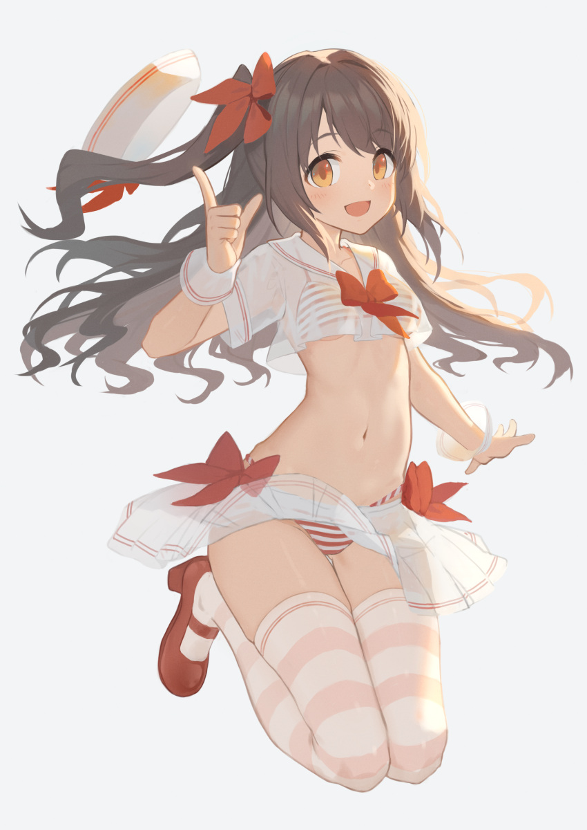 1girl absurdres bangs bikini blush brown_eyes brown_hair crop_top eyebrows_visible_through_hair hat highres idolmaster idolmaster_cinderella_girls long_hair looking_at_viewer mary_janes navel one_side_up open_mouth red_footwear sailor_collar sailor_hat see-through shimamura_uzuki shoes skirt solo striped striped_bikini striped_legwear swimsuit thigh-highs white_background wrist_cuffs yuri_shoutu