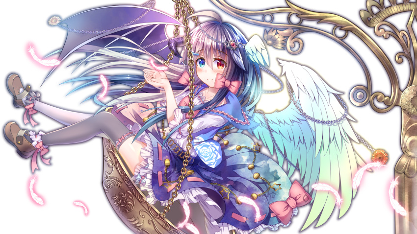 1girl ahoge angel_wings ankle_cuffs arms_up asymmetrical_wings balance_scale bangs black_legwear blue_eyes blue_hair blue_skirt blue_vest blush brown_footwear chain commentary_request demon_horns demon_wings eyebrows_visible_through_hair feathers floral_print gradient_hair hair_between_eyes hair_ornament hair_ribbon hairclip hands_together head_chain head_wings heterochromia highres horns leg_lift long_hair long_sleeves looking_at_viewer mismatched_legwear multicolored_hair original petticoat purple_hair red_eyes ribbon robotclubk rose_print shirt sidelocks simple_background sitting skirt smile solo split_theme thigh-highs tress_ribbon two-tone_hair very_long_hair vest weighing_scale white_background white_legwear white_shirt wings