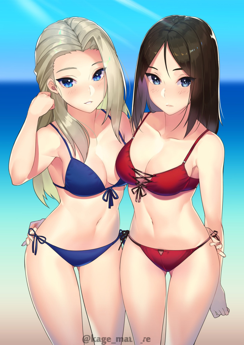 2girls bikini blonde_hair blue_bikini blue_eyes breasts brown_hair check_copyright clara_(girls_und_panzer) front-tie_top girls_und_panzer hand_on_another's_hip highres kagematsuri long_hair looking_at_viewer medium_breasts multiple_girls navel nonna open_mouth red_bikini side-tie_bottom standing swimsuit twitter_username