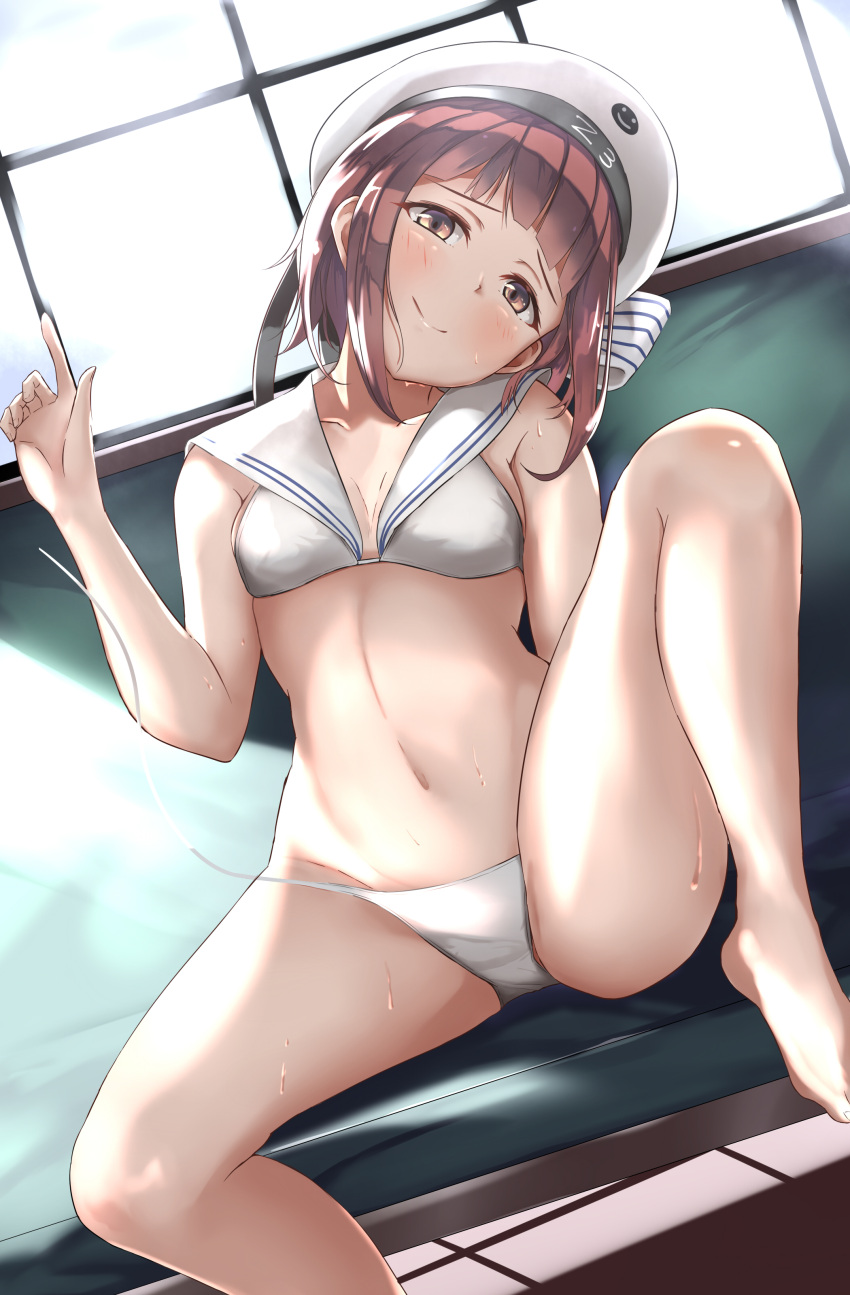 1girl absurdres bikini brown_eyes brown_hair butter_curry clothes_writing commentary_request couch dutch_angle hat head_tilt highres index_finger_raised kantai_collection looking_at_viewer navel sailor_bikini sailor_collar sailor_hat short_hair sitting solo swimsuit untied untied_bikini white_bikini white_headwear white_sailor_collar window z3_max_schultz_(kantai_collection)