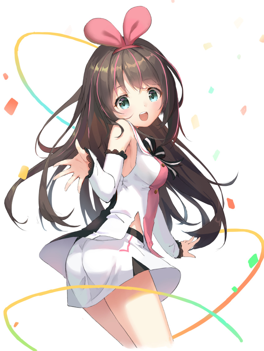 1girl :d a.i._channel aliter bangs black_bow blue_eyes blush bow breasts brown_hair commentary_request detached_sleeves eyebrows_visible_through_hair hair_ribbon highres kizuna_ai lace-trimmed_sleeves lace_trim leaning_forward long_hair long_sleeves looking_at_viewer looking_to_the_side medium_breasts multicolored_hair open_mouth pink_hair pink_ribbon ribbon sailor_collar shirt short_shorts shorts sleeveless sleeveless_shirt smile solo spread_legs streaked_hair striped striped_bow upper_teeth very_long_hair virtual_youtuber white_sailor_collar white_shirt white_shorts white_sleeves