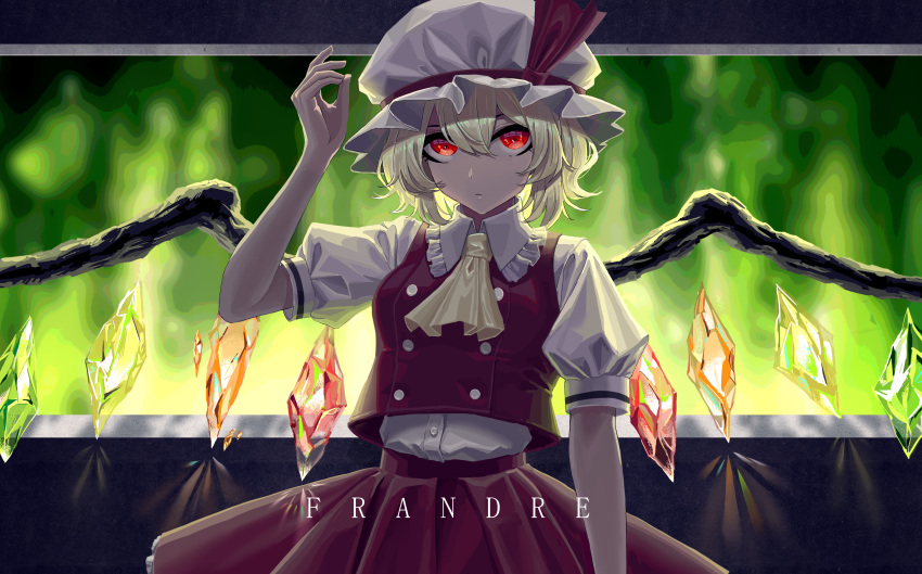 1girl absurdres character_name closed_mouth dress_shirt eit_(ikeuchi) flandre_scarlet hair_between_eyes hat highres looking_at_viewer pleated_skirt red_eyes red_skirt shiny shiny_hair shirt short_hair short_sleeves silver_hair skirt solo standing touhou white_headwear white_shirt wings