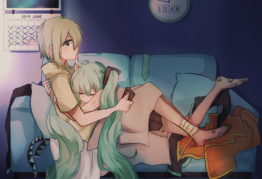 2019 2girls aqua_hair aqua_neckwear arms_around_back bandages bare_shoulders belt black_skirt calendar_(object) clock closed_eyes clothes_removed commentary couch finger_to_mouth gomiyama green_eyes green_hair gumi hair_ornament hatsune_miku highres holding_hair_ornament hood hoodie index_finger_raised june long_hair multiple_girls nail_polish necktie on_couch pillow shoulder_tattoo sitting skirt sleeping sleeping_on_person tattoo thigh-highs twintails very_long_hair vocaloid yuri