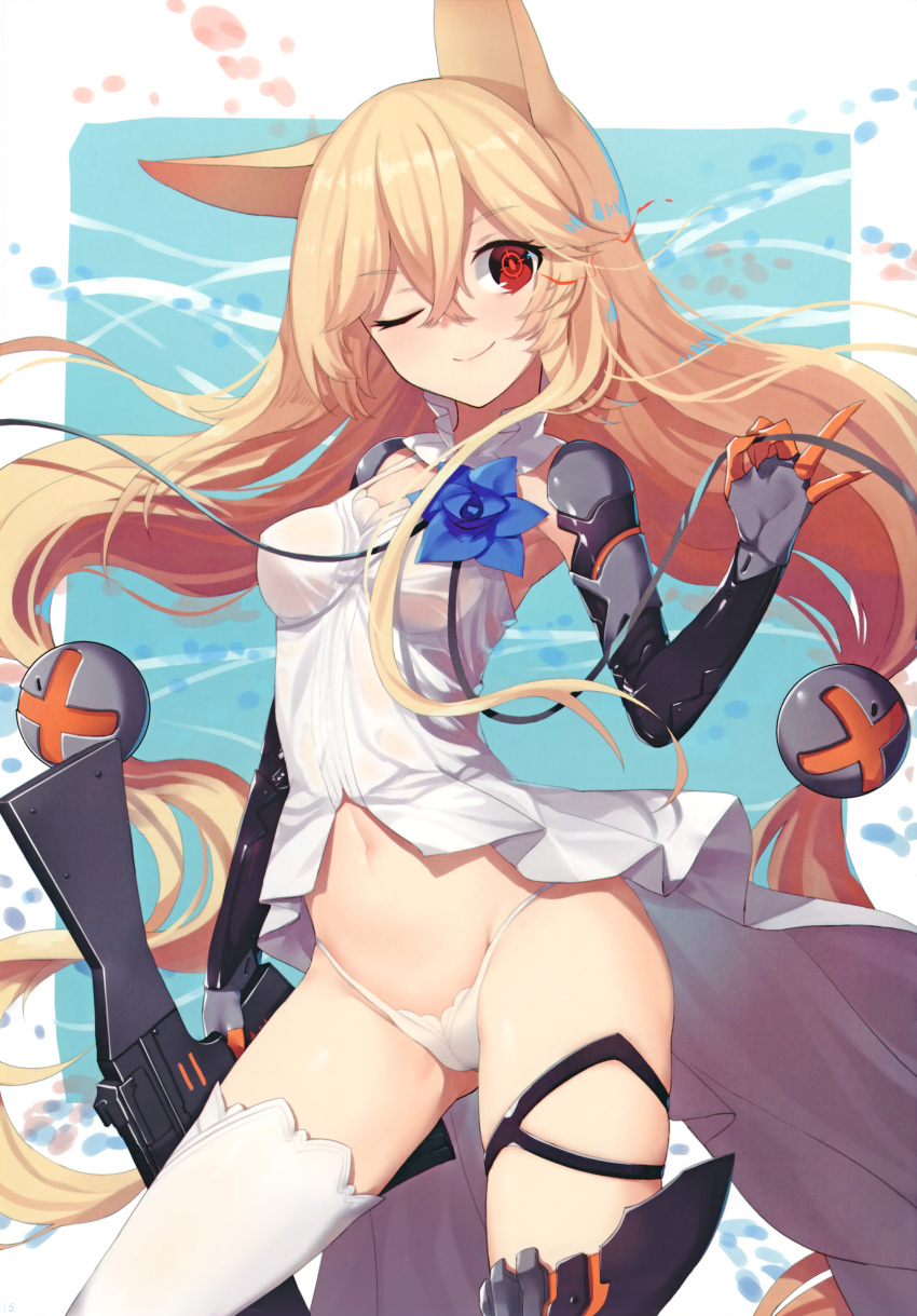 1girl ;) absurdres animal_ears ass_visible_through_thighs black_legwear blonde_hair breasts bright_pupils closed_mouth contrapposto cowboy_shot eyebrows_visible_through_hair flower g41_(girls_frontline) girls_frontline gun hair_between_eyes hair_ornament highres light_trail long_hair looking_at_viewer low_twintails mismatched_legwear navel one_eye_closed outside_border panties prosthesis prosthetic_arm red_eyes revealing_clothes scan sh_(562835932) small_breasts smile solo string_panties symbol-shaped_pupils thigh-highs thigh_strap twintails underwear very_long_hair weapon white_legwear white_panties
