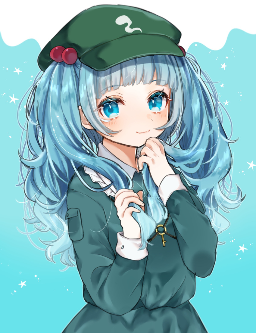 1girl bangs blue_background blue_eyes blue_hair blue_shirt blue_skirt blush cabbie_hat commentary_request cowboy_shot eyebrows_visible_through_hair frilled_shirt_collar frills green_headwear hair_bobbles hair_ornament hands_up hat highres holding holding_hair kawashiro_nitori key long_hair looking_at_viewer pocket shirt simple_background skirt skirt_set smile solo touhou two_side_up youtan