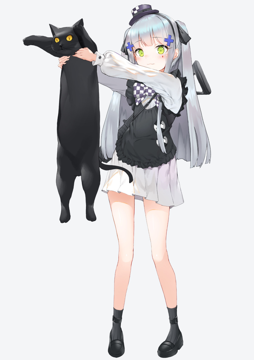 1girl :3 alternate_costume animal apron assault_rifle bangs black_apron black_cat black_footwear black_legwear blunt_bangs blush cat checkered checkered_neckwear closed_mouth commentary dress eyebrows_visible_through_hair facial_mark frills girls_frontline green_eyes grey_legwear gun h&amp;k_hk416 hair_ornament hairband hat heart highres hk416_(girls_frontline) holding holding_animal holding_cat lee_seok_ho loafers long_hair long_sleeves longcat mini_hat object_namesake outstretched_arms pleated_dress purple_headwear ribbed_legwear rifle shoes silver_hair simple_background smile socks standing tilted_headwear two_side_up very_long_hair weapon weapon_on_back white_background white_dress younger
