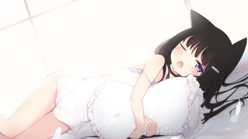 1girl animal_ears backlighting bangs bare_arms bare_shoulders bed_sheet black_hair blush cat_ears commentary_request day dress eyebrows_visible_through_hair fang feathers feet_out_of_frame frilled_pillow frills fufumi hair_ornament hairclip highres long_hair lying on_side one_eye_closed open_mouth original pillow pillow_hug signature sleeveless sleeveless_dress solo sunlight violet_eyes white_dress white_feathers window