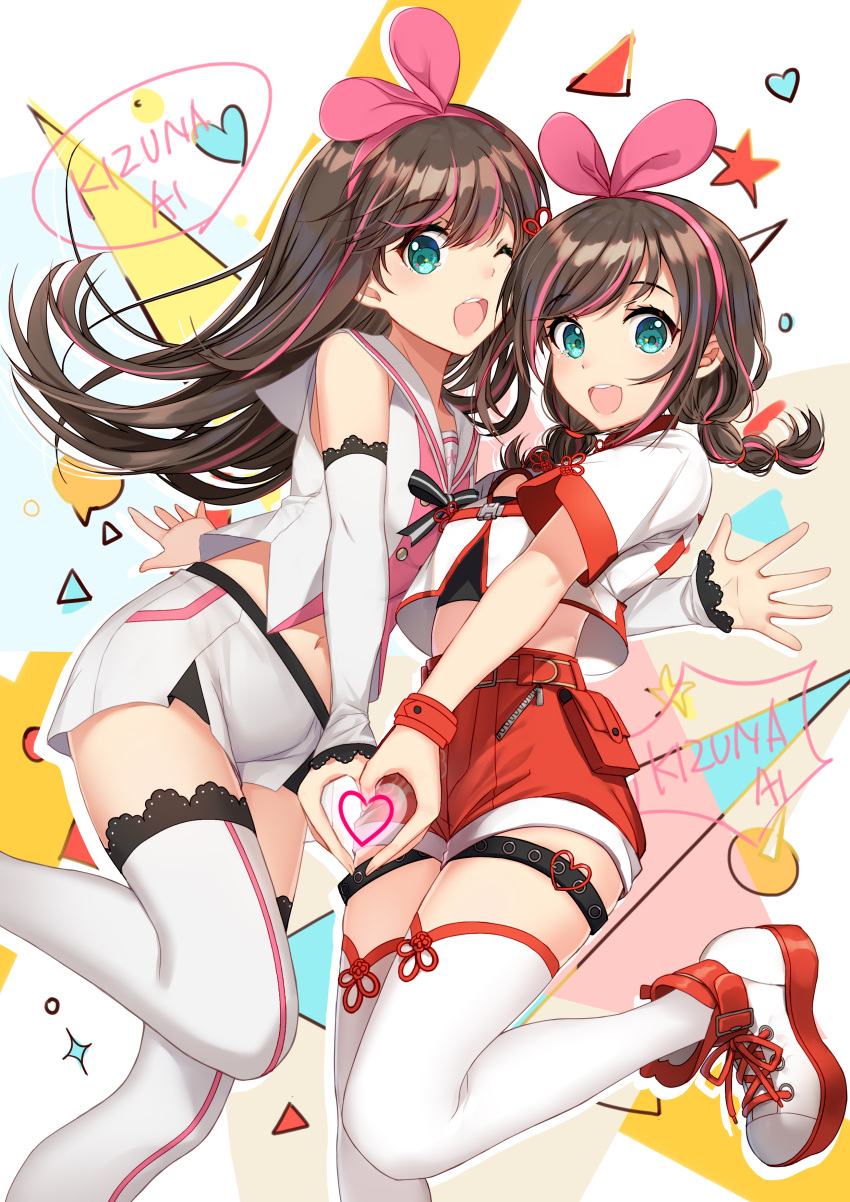 2girls :d ;d a.i._channel absurdres bare_shoulders bison_cangshu blue_eyes brown_hair character_name commentary_request crop_top cropped_jacket detached_sleeves floating_hair hairband heart heart_hands heart_hands_duo highres kizuna_ai leg_up long_hair looking_at_viewer midriff multicolored_hair multiple_girls navel one_eye_closed open_mouth pink_hair red_shorts sailor_collar shirt shoes short_shorts short_sleeves shorts sidelocks smile sneakers standing standing_on_one_leg star streaked_hair thigh-highs thigh_strap white_legwear white_sailor_collar white_shirt white_shorts zipper