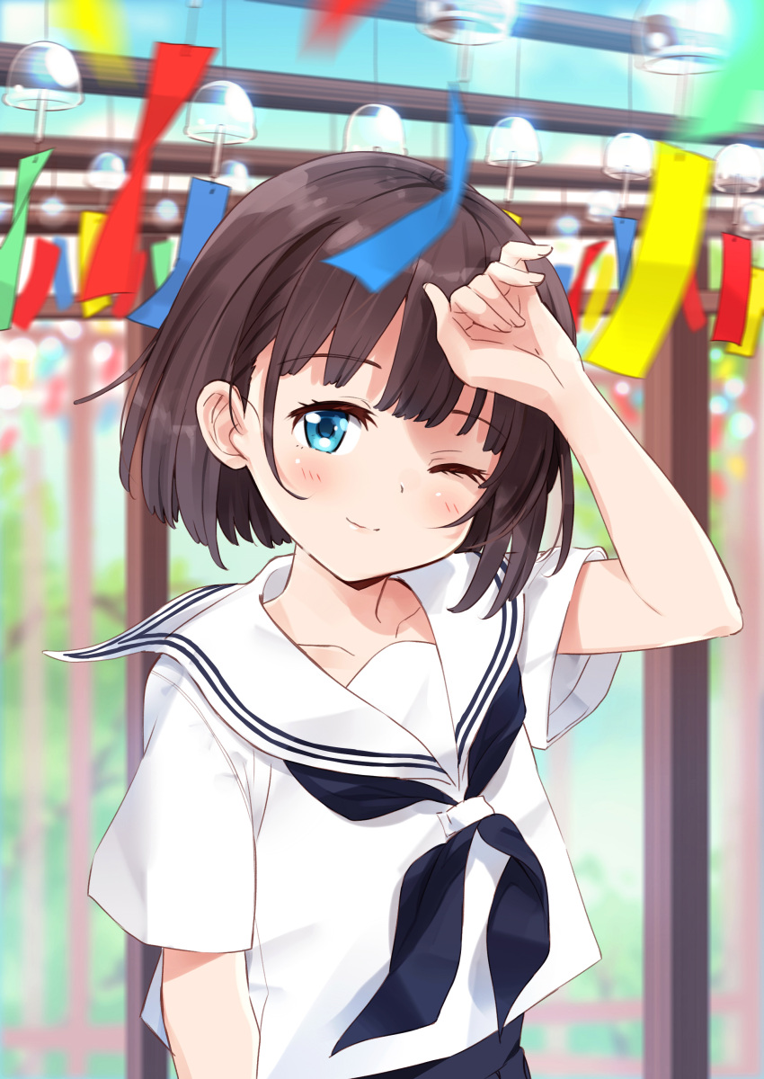 1girl ;) absurdres arm_up bangs black_neckwear black_skirt blue_eyes blue_sky blurry blurry_background blush brown_hair closed_mouth collarbone commentary_request day depth_of_field eyebrows_visible_through_hair fingernails highres looking_at_viewer mousou_(mousou_temporary) neckerchief one_eye_closed original outdoors sailor_collar school_uniform serafuku shirt short_hair skirt sky smile solo upper_body white_sailor_collar white_shirt wind_chime