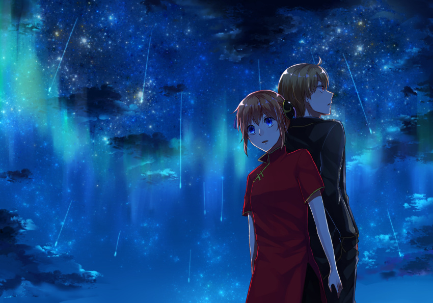 1boy 1girl back-to-back black_jacket black_pants blue_eyes brown_hair china_dress chinese_clothes clouds double_bun dress from_below gintama hair_between_eyes hand_in_pocket highres jacket kagura_(gintama) long_sleeves night okita_sougo open_mouth outdoors pants pants_under_dress red_dress red_eyes short_hair short_sleeves side_slit sidelocks sky star_(sky) starry_sky yayoi_(chepiiii23)