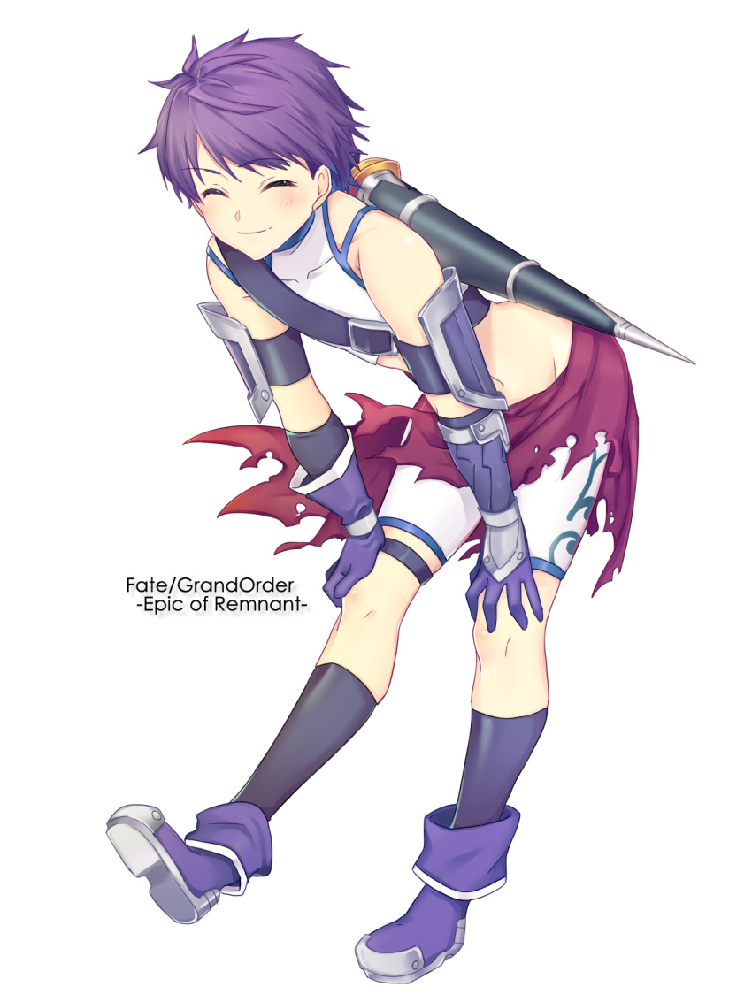 1boy armor black_legwear closed_eyes closed_mouth collarbone copyright_name facing_viewer fate/grand_order fate_(series) fergus_mac_roich_(young)_(fate/grand_order) full_body gloves halterneck hands_on_own_knees highres kneehighs leaning_forward male_focus purple_footwear purple_gloves purple_hair scabbard sheath shoes shorts simple_background smile solo tatsuuma_daisuke white_background white_shorts