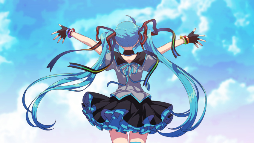 1girl ahoge black_gloves black_sailor_collar black_skirt blue_hair blue_ribbon blurry blurry_background clouds cow cowboy_shot fingerless_gloves floating_hair from_behind gloves grey_shirt hair_ribbon hatsune_miku highres layered_skirt long_hair matsuda_toki miniskirt outstretched_arms outstretched_hand pleated_skirt ribbon sailor_collar shiny shiny_hair shirt short_sleeves skirt solo standing striped striped_ribbon very_long_hair vocaloid