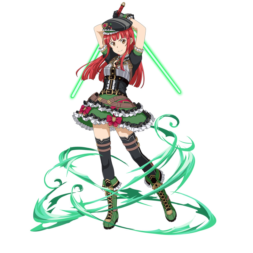 1girl arms_up beam_saber black_headwear black_legwear boots brown_eyes bustier closed_mouth dress_shirt dual_wielding floating_hair frilled_skirt frills full_body green_footwear green_skirt hat highres holding holding_sword holding_weapon layered_skirt long_hair looking_at_viewer miniskirt official_art rain_(sao) redhead shiny shiny_hair shirt short_sleeves skirt smile solo straight_hair sword sword_art_online thigh-highs transparent_background v-shaped_eyebrows weapon zettai_ryouiki
