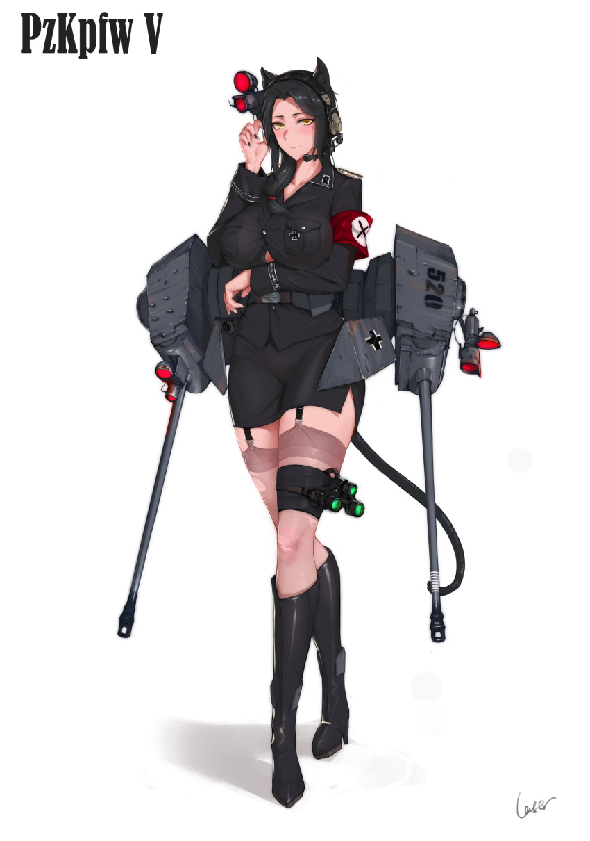 1girl absurdres animal_ears armband belt black_footwear black_hair black_nails black_shirt black_skirt boots breasts cannon cat_ears cat_girl cat_tail commentary_request full_body garter_straps ground_vehicle hair_over_shoulder high_heel_boots high_heels highres large_breasts long_hair long_sleeves mecha_musume military military_uniform military_vehicle miniskirt mole mole_under_eye motor_vehicle night_vision_device original panzerkampfwagen_panther pencil_skirt personification rosaline see-through shirt skirt solo tail tank thigh-highs thigh_strap thighs turret uniform world_war_ii yellow_eyes