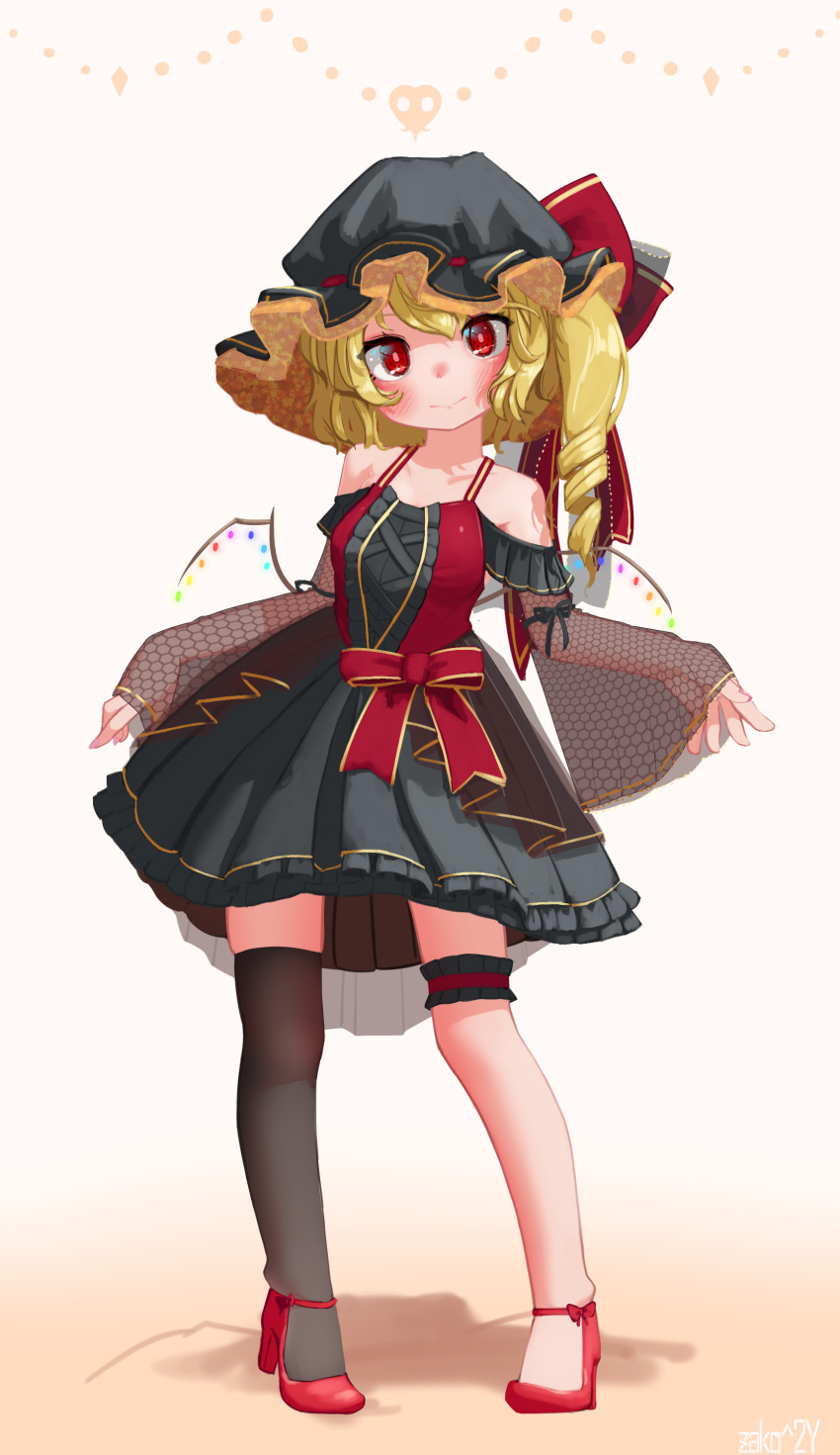 1girl :&gt; absurdres alternate_costume bangs bare_shoulders black_dress black_headwear black_legwear black_ribbon blonde_hair blush bow breasts bright_pupils closed_mouth collarbone commentary_request contrapposto crystal dress eyebrows_behind_hair flandre_scarlet full_body gold_trim gradient gradient_background hat hat_bow head_tilt high_heels highres leg_garter lolita_fashion looking_at_viewer mob_cap off-shoulder_dress off_shoulder one_side_up over-kneehighs red_bow red_eyes red_footwear red_ribbon ribbon see-through shadow shoe_bow shoes short_hair simple_background single_drill single_thighhigh sleeves_past_wrists small_breasts solo standing thigh-highs touhou white_background wide_sleeves wings zakozako_y