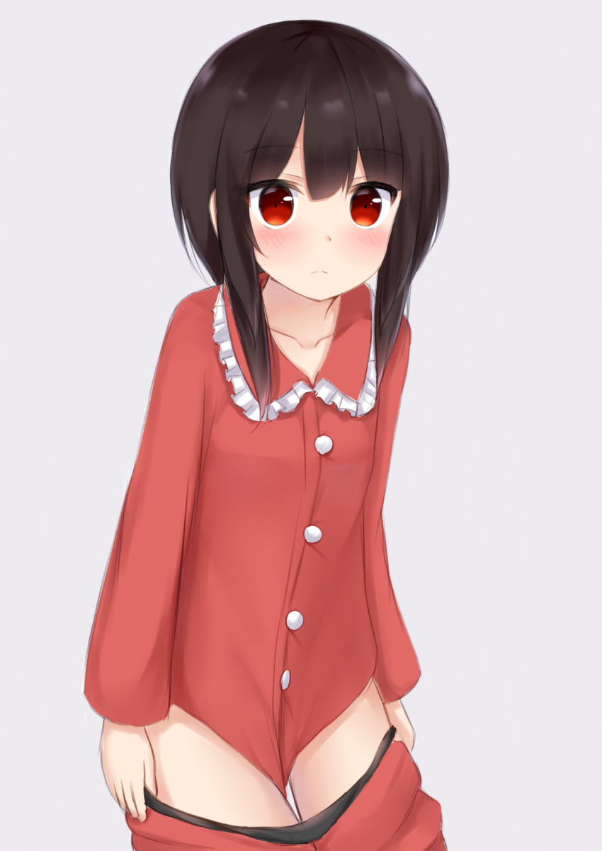 1girl bangs black_hair blush collarbone commentary_request eyebrows_visible_through_hair frown hair_between_eyes highres kake_kan kono_subarashii_sekai_ni_shukufuku_wo! long_sleeves looking_at_viewer megumin pajamas pants red_eyes red_pajamas red_pants simple_background solo white_background