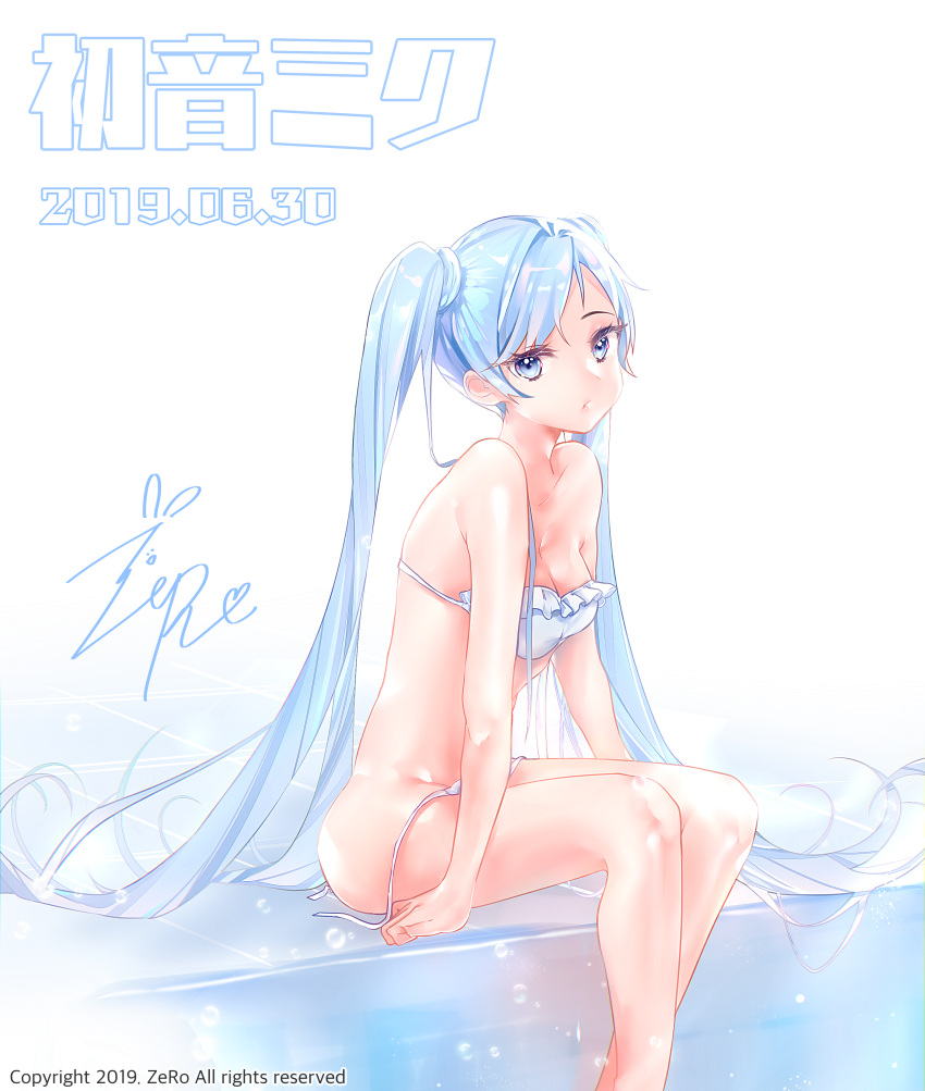1girl absurdres bikini blue_eyes blue_hair breasts character_name dated feet_out_of_frame hatsune_miku highres long_hair looking_at_viewer side-tie_bikini sitting small_breasts solo swimsuit twintails untied untied_bikini untitled_zero0 very_long_hair vocaloid white_background white_bikini