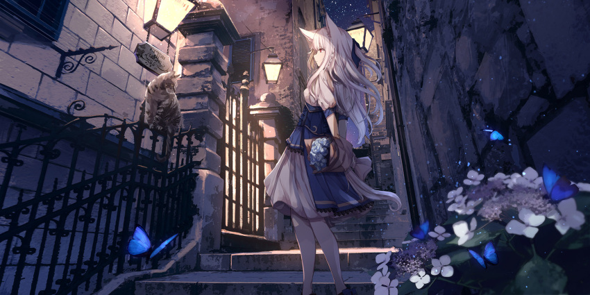 1girl alley animal_ears arms_behind_back bouquet braid bug butterfly cat cat_ears city dark fantasy flower hair_ribbon highres insect lantern light_particles long_hair looking_at_another night night_sky original profile puffy_short_sleeves puffy_sleeves railing red_eyes ribbon sagiri_(ulpha220) scenery short_sleeves side_braid sign skirt sky solo stairs star_(sky) white_hair