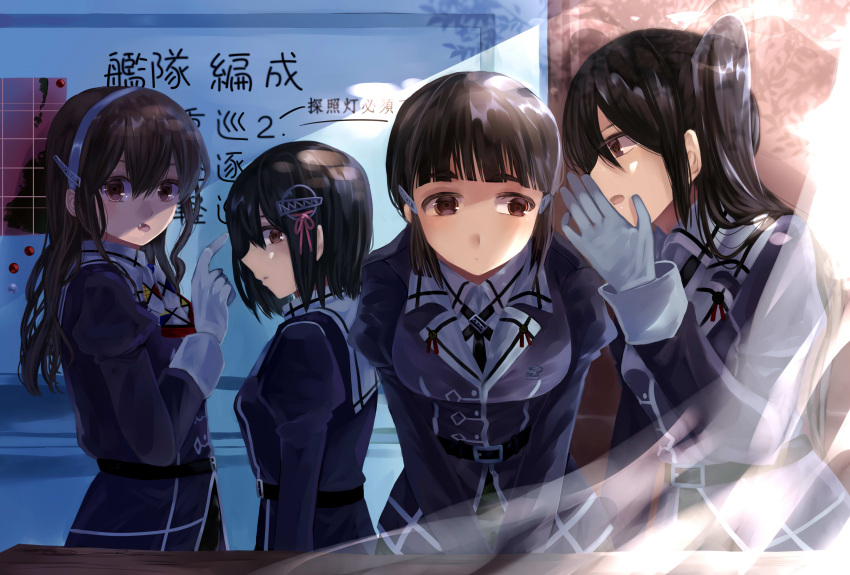 4girls artist_request ashigara_(kantai_collection) bangs belt black_hair black_neckwear blunt_bangs brown_eyes brown_hair commentary_request fang gloves haguro_(kantai_collection) hair_between_eyes hair_ornament hairband hairclip highres kantai_collection long_hair long_sleeves multiple_girls myoukou_(kantai_collection) nachi_(kantai_collection) remodel_(kantai_collection) short_hair side_ponytail transparent_background uniform wavy_hair white_gloves