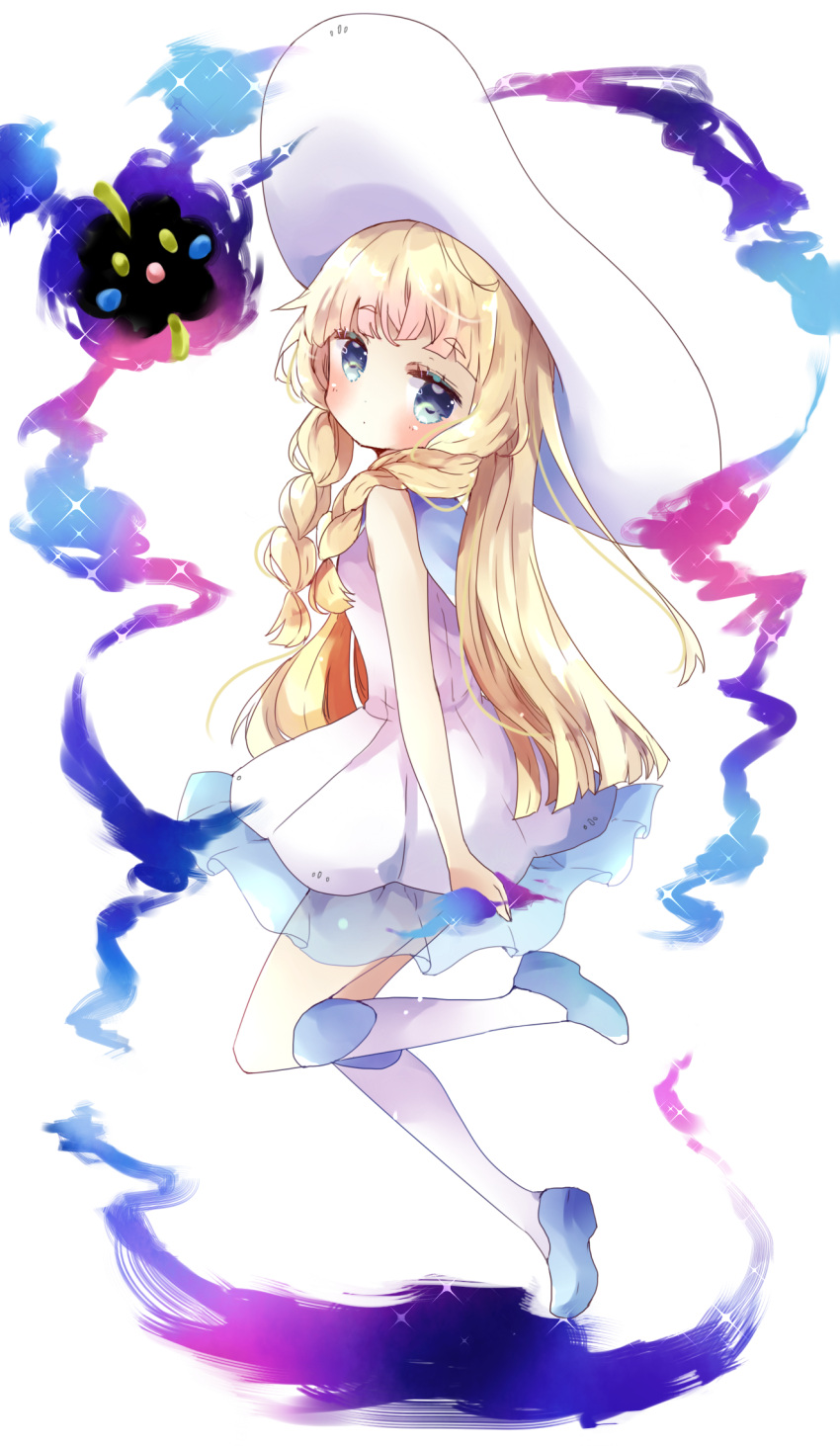 1girl bangs bare_arms bare_shoulders blonde_hair blue_eyes blush boots braid closed_mouth commentary_request cosmog dress eyebrows_visible_through_hair full_body gen_7_pokemon hat highres knee_boots lillie_(pokemon) looking_at_viewer looking_to_the_side pokemon pokemon_(creature) pokemon_(game) pokemon_sm see-through side_braids sleeveless sleeveless_dress sun_hat thick_eyebrows tsukiyo_(skymint) twin_braids white_background white_dress white_footwear white_headwear