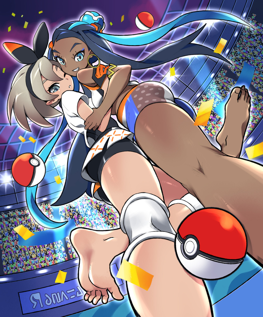 2girls armlet ass audience barefoot bike_shorts black_hair blue_eyes blue_hair bow cheek-to-cheek confetti dark_skin eyeliner feet gloves grin gym_leader hair_bow hair_ornament hairband highres knee_pads leg_up long_hair makeup multicolored_hair multiple_girls one_eye_closed parted_lips poke_ball pokemon pokemon_(game) pokemon_swsh rurina_(pokemon) saitou_(pokemon) short_hair short_sleeves shorts shorts_under_skirt silver_hair smile stadium tm_(hanamakisan) two-tone_hair