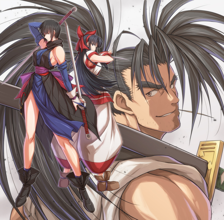 1boy 2girls 90s ainu_clothes bare_shoulders bird black_hair bow breasts detached_sleeves elbow_gloves fingerless_gloves gloves hair_bow hairband haoumaru hawk heterochromia highres holding itouei japanese_clothes large_breasts long_hair mamahaha medium_breasts multiple_girls nail_polish nakoruru ninja red_bow red_eyes reverse_grip samurai_spirits shiki_(samurai_spirits) short_hair sideboob sword tattoo weapon