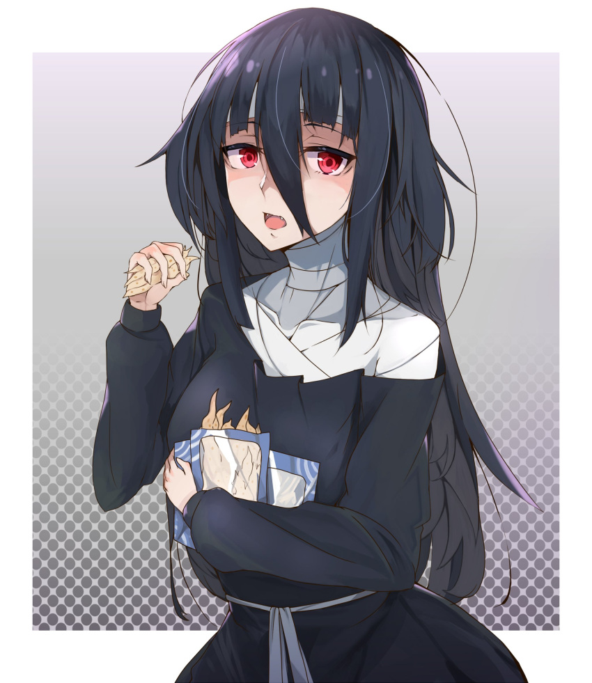 1girl bandages black_dress black_hair dress eating fangs food hair_flaps hasumusi005 highres holding holding_food long_hair looking_at_viewer red_eyes solo very_long_hair yamada_tae zombie_land_saga