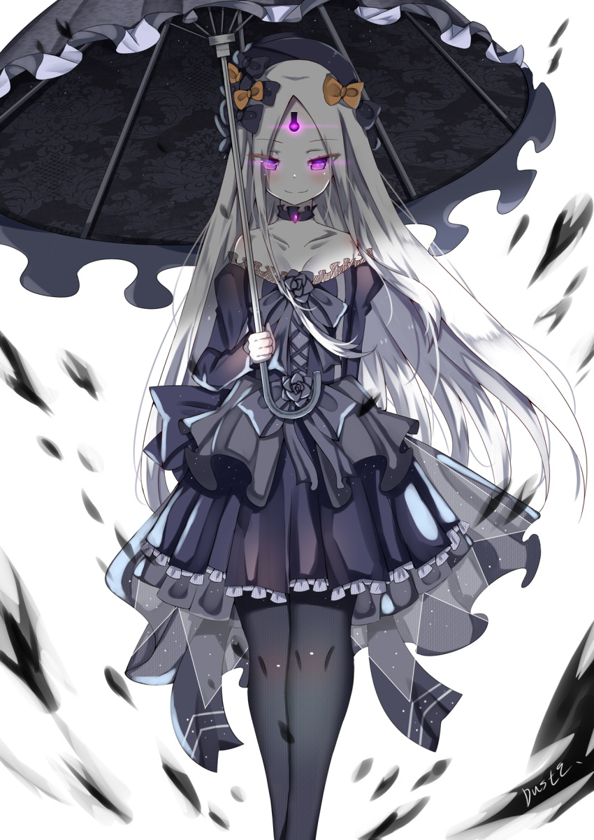 1girl abigail_williams_(fate/grand_order) aura bangs bare_shoulders black_bow black_dress black_flower black_headwear black_legwear black_rose black_umbrella blush bow breasts closed_mouth collarbone commentary_request dark_aura dress dust9 eyebrows_visible_through_hair fate/grand_order fate_(series) flower frilled_dress frills glowing glowing_eyes hair_bow hat highres holding holding_umbrella juliet_sleeves long_hair long_sleeves looking_at_viewer orange_bow pale_skin pantyhose parted_bangs pleated_dress puffy_sleeves rose see-through signature small_breasts smile solo strapless strapless_dress umbrella very_long_hair violet_eyes white_background white_hair