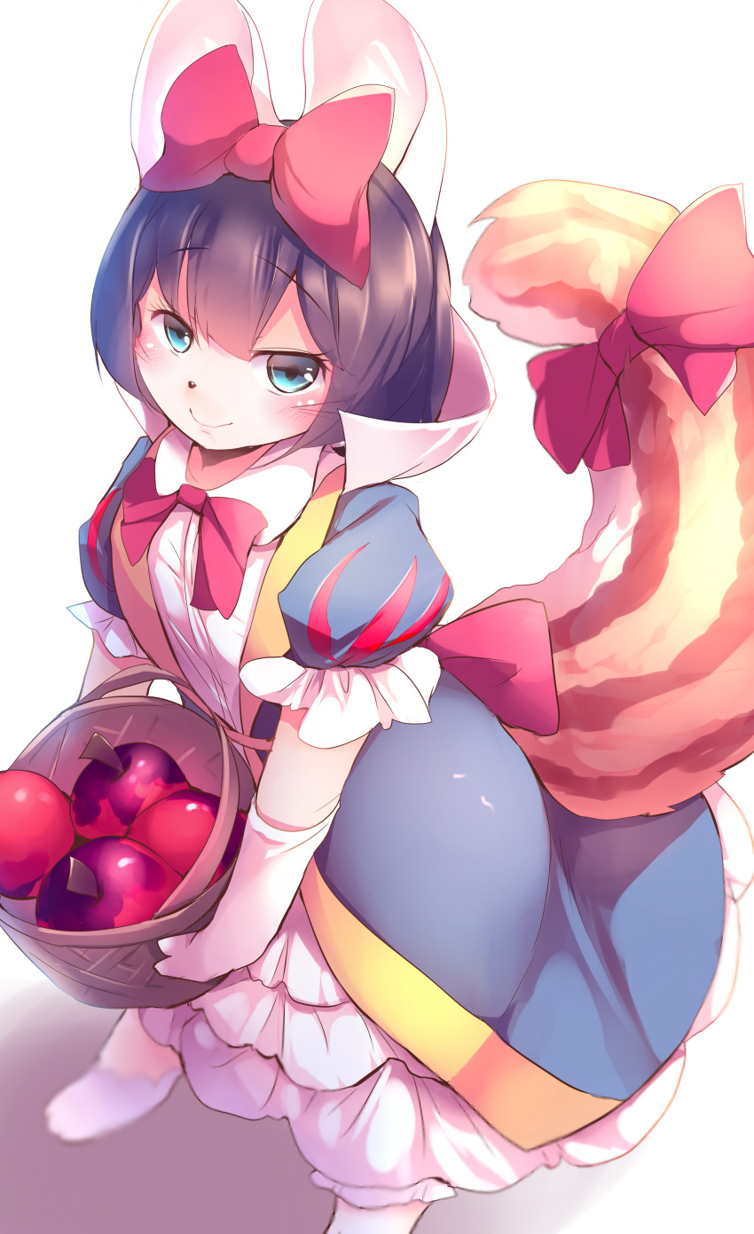 1girl absurdres animal_ears apple bangs basket black_hair blue_eyes bow bowtie character_request commentary_request duel_monster elbow_gloves eyebrows_visible_through_hair food fruit gloves hair_between_eyes hair_bow highres holding holding_basket kanzakietc looking_at_viewer puffy_short_sleeves puffy_sleeves red_bow red_neckwear short_hair short_sleeves simple_background smile solo tail tail_bow white_background white_gloves yuu-gi-ou