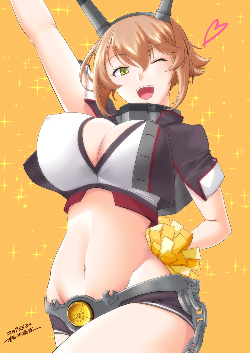 1girl adapted_costume arm_up artist_name black_skirt breasts brown_hair chain cheerleader collar dated flipped_hair green_eyes headgear heart highres kantai_collection kiriki_haruomi large_breasts looking_at_viewer love_live! love_live!_school_idol_project metal_belt metal_collar mutsu_(kantai_collection) navel one_eye_closed open_mouth orange_background pom_poms remodel_(kantai_collection) short_hair shrug_(clothing) simple_background skirt solo sparkle_background thighs upper_body