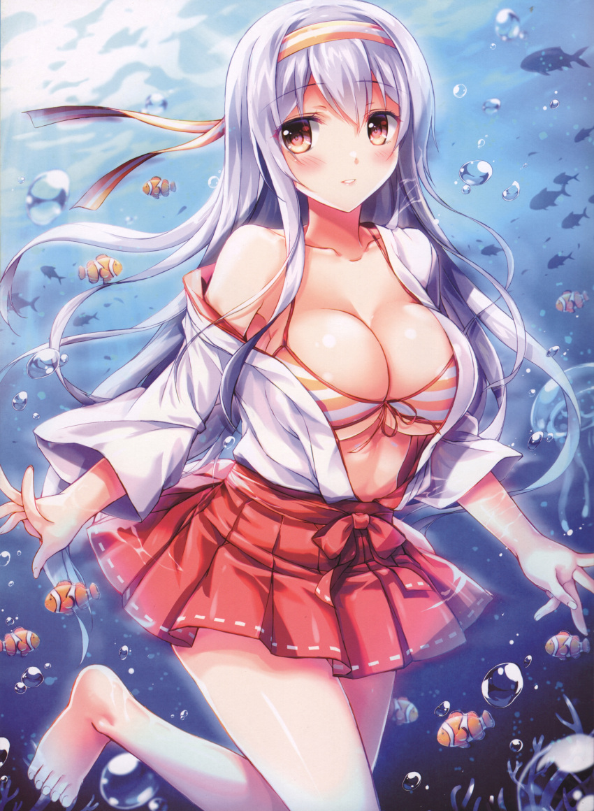 1girl absurdres barefoot bikini blush breasts bubble clownfish eyebrows_visible_through_hair fukase_ayaka highres japanese_clothes jellyfish kantai_collection large_breasts long_hair miko ocean off_shoulder pleated_skirt red_skirt remodel_(kantai_collection) scan shoukaku_(kantai_collection) silver_hair skirt solo striped striped_bikini submerged swimming swimsuit swimsuit_under_clothes underwater water