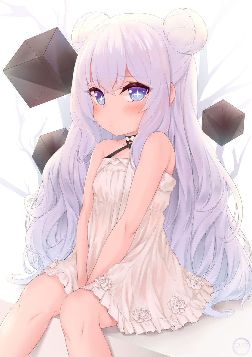 +_+ 1girl absurdres azur_lane bangs bare_shoulders blue_eyes blush choker commentary cube double_bun dress eyebrows_visible_through_hair highres john_zerowb le_malin_(azur_lane) long_hair looking_at_viewer pursed_lips sidelocks sitting sleeveless sundress symbol-shaped_pupils very_long_hair white_dress white_hair