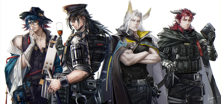 4boys absurdres animal_ears anjingkuxiao arknights black_hair blue_hair coat cup drinking_glass glasses hand_to_lip hat hat_belt hellagur_(arknights) highres hoederer_(arknights) horns jesselton_williams_(arknights) male_focus mr._nothing_(arknights) multiple_boys muscular muscular_male police police_hat police_uniform shirt silver_hair sleeveless sleeveless_shirt smile sword uniform weapon white_background wine_glass