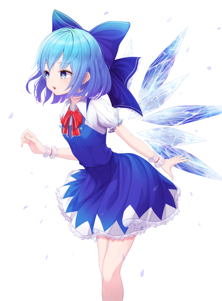 +_+ 1girl arched_back arm_behind_back arm_up bangs blue_bow blue_dress blue_eyes blue_hair bow breasts cirno dress feet_out_of_frame hair_bow highres ice ice_wings ju-ok leaning_forward looking_to_the_side open_mouth parted_lips petticoat pinafore_dress puffy_short_sleeves puffy_sleeves red_neckwear red_ribbon ribbon shirt short_sleeves small_breasts solo standing touhou white_shirt wings wrist_cuffs