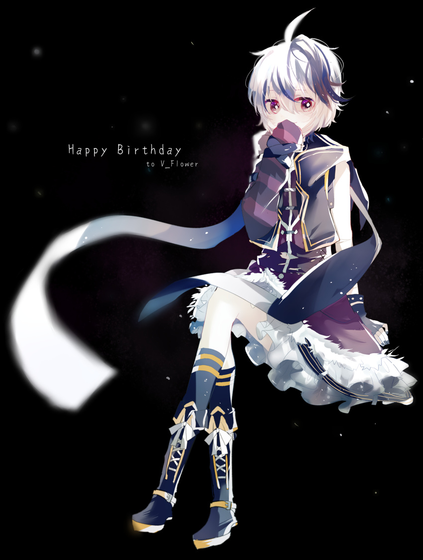 absurdres bandaged_arm bandages bare_shoulders black_background boots character_name commentary cross-laced_footwear crossed_legs fingerless_gloves flower flower_(vocaloid) frilled_skirt frills full_body gloves gomiyama hand_to_own_mouth happy_birthday highres invisible_chair kneehighs lace-up_boots long_scarf looking_to_the_side multicolored_hair nail_polish purple_hair scarf simple_background sitting skirt smile streaked_hair striped_arm_warmers v_flower_(vocaloid4) vest violet_eyes vocaloid white_hair