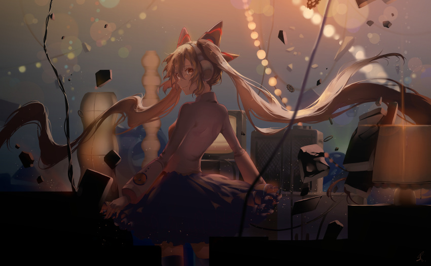 1girl absurdres bangs black_legwear blue_skirt blurry blurry_background brown_eyes brown_hair commentary depth_of_field eyebrows_behind_hair gears hair_between_eyes hatsune_miku headgear headphones highres lamp lampshade long_hair long_sleeves looking_at_viewer looking_back odds_&amp;_ends_(vocaloid) pleated_skirt saihate_(d3) shirt signature skirt solo standing thigh-highs twintails very_long_hair vocaloid white_shirt