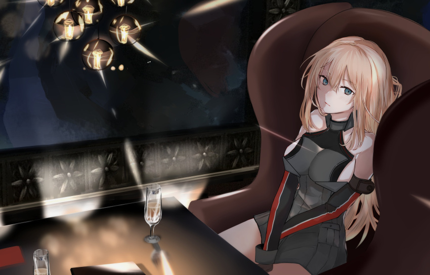 1girl absurdres alcohol bangs bismarck_(kantai_collection) black_gloves blonde_hair blue_eyes blush breasts chair coaster cup drinking_glass eyebrows_visible_through_hair gloves hair_between_eyes hands_on_lap highres indoors kantai_collection light long_hair night okayu_(papiko1111) sideboob sitting solo table uniform