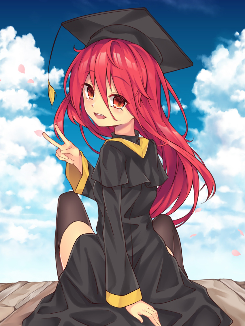 1girl :d absurdres ai_cao bangs black_dress black_headwear blue_sky blush brown_legwear clouds cloudy_sky commentary day dress english_commentary eyebrows_visible_through_hair graduation hair_between_eyes hat highres long_sleeves looking_at_viewer looking_back mortarboard open_mouth outdoors petals red_eyes redhead shakugan_no_shana shana sitting skindentation sky smile solo thigh-highs upper_teeth