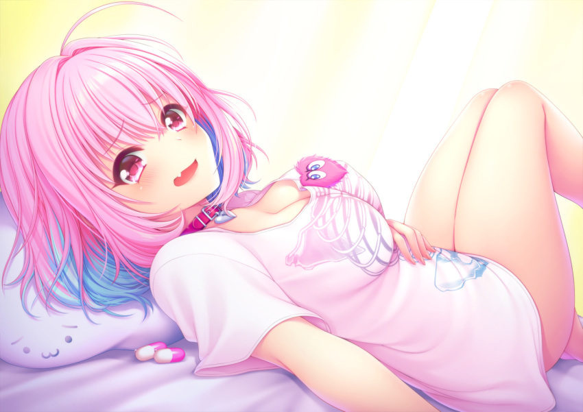 1girl ahoge bangs bed bed_sheet blue_hair blush breasts crossed_bangs eyebrows_visible_through_hair fang hair_between_eyes hair_intakes hand_on_own_stomach head_on_pillow heart-shaped_lock idolmaster idolmaster_cinderella_girls knee_up large_breasts leg_up legs_together looking_at_viewer lying multicolored_hair no_pants on_back on_bed open_mouth pill pink_collar pink_eyes pink_hair pink_nails shiny shiny_hair shirt short_hair short_sleeves skeleton_print solo t-shirt tareme thighs tongue two-tone_hair uzu_hi white_pillow white_shirt yumemi_riamu