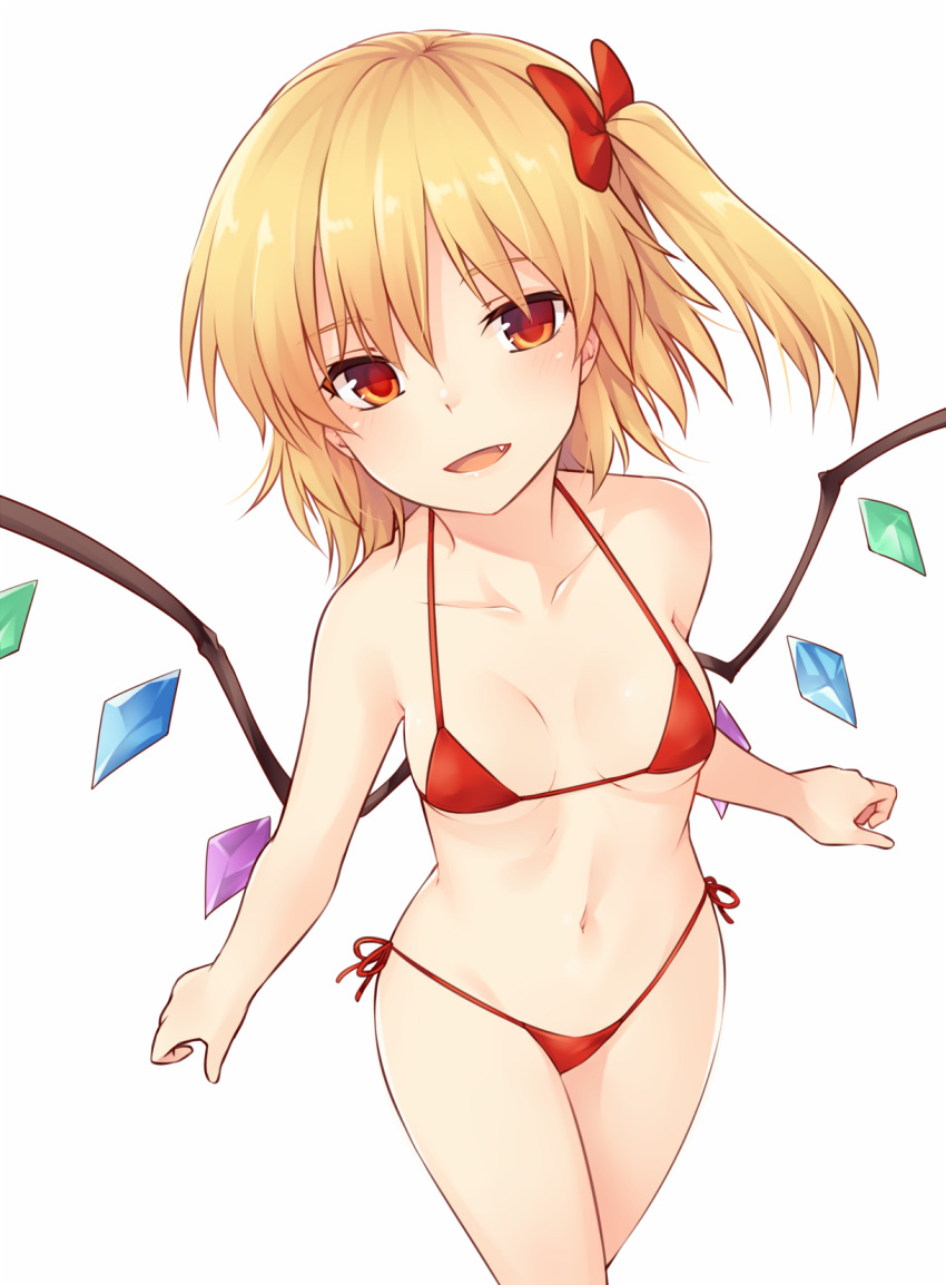 1girl :d bangs bare_arms bare_shoulders bikini blonde_hair blush bow breasts commentary_request cowboy_shot crystal fang flandre_scarlet hair_between_eyes hair_bow halterneck highres looking_at_viewer micro_bikini miyo_(ranthath) navel no_hat no_headwear one_side_up open_mouth red_bikini red_bow red_eyes short_hair side-tie_bikini simple_background small_breasts smile solo standing stomach swimsuit thighs touhou white_background wings