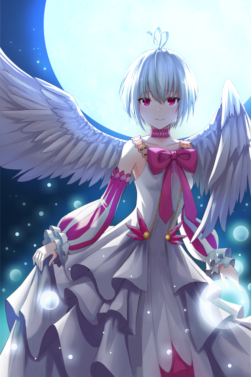 1girl absurdres ahoge angel_wings bangs choker closed_mouth collarbone detached_sleeves dress eyebrows_visible_through_hair feathered_wings fitoria_(tate_no_yuusha_no_nariagari) full_moon highres huge_filesize layered_dress long_dress long_sleeves looking_at_viewer moon night outdoors red_eyes short_hair silver_hair sleeveless sleeveless_dress smile solo standing striped_sleeves tate_no_yuusha_no_nariagari user_yfus3355 white_dress white_wings wings